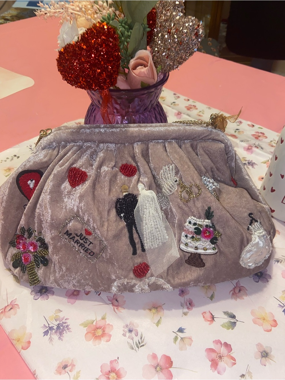 Hand Crafted Pink Velvet Embroidered Bridal Clutch
